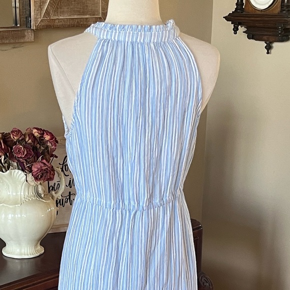 Midi Summer Dress Comfy Cinched Drawstring Waist with Pockets Blue Striped New - Picture 15 of 15